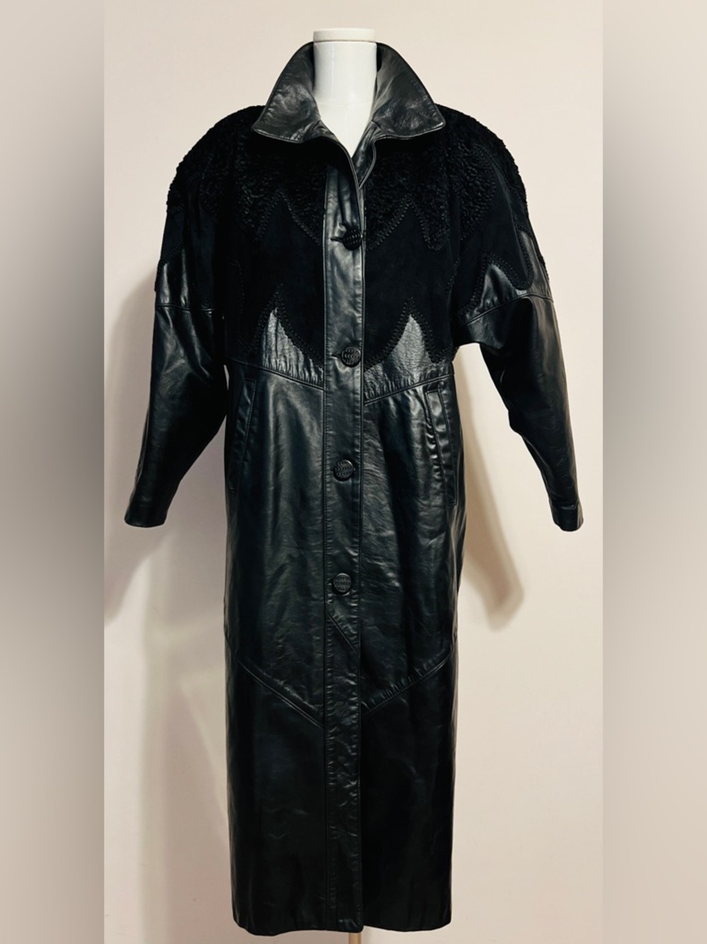 Women's Black Leather Long Coat with Textured Yoke